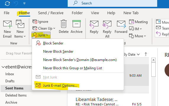 Classic Outlook ribbon's Junk menu open, showing Block Sender and Junk E-mail Options