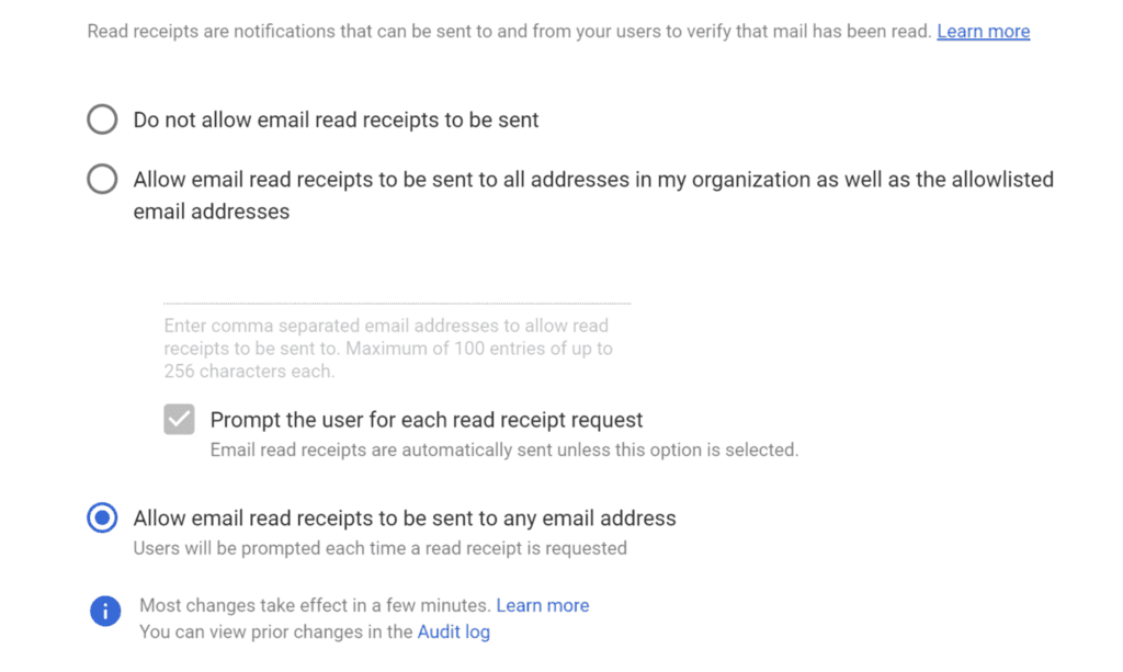 Google Admin console read receipt policy options for Gmail