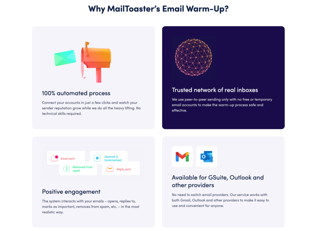 MailToaster email warm-up features: automated peer-to-peer sending across a network of real inboxes