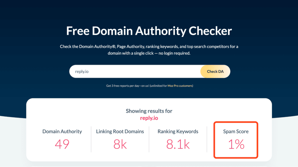 Moz Free Domain Authority Checker showing a 1% spam score for reply.io