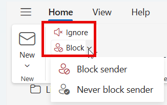 New Outlook Home ribbon with the Block button expanded, showing Block sender and Never block sender