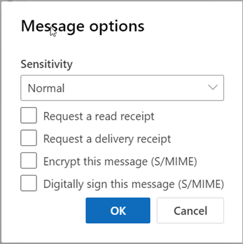 New Outlook Message options dialog with read and delivery receipt checkboxes