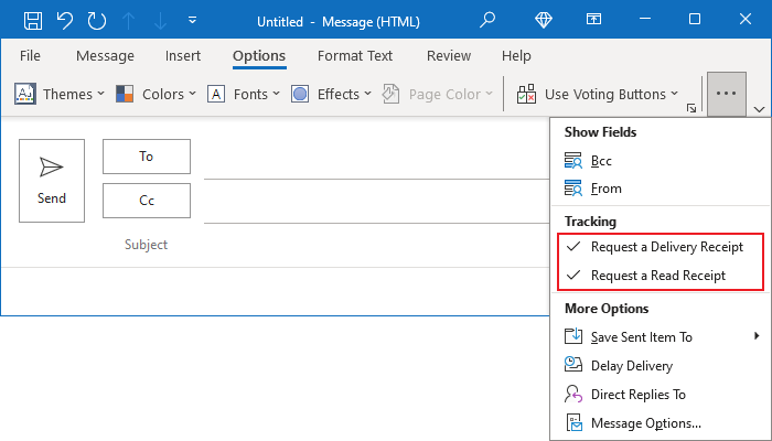 Outlook Options ribbon with Request a Delivery Receipt and Request a Read Receipt selected