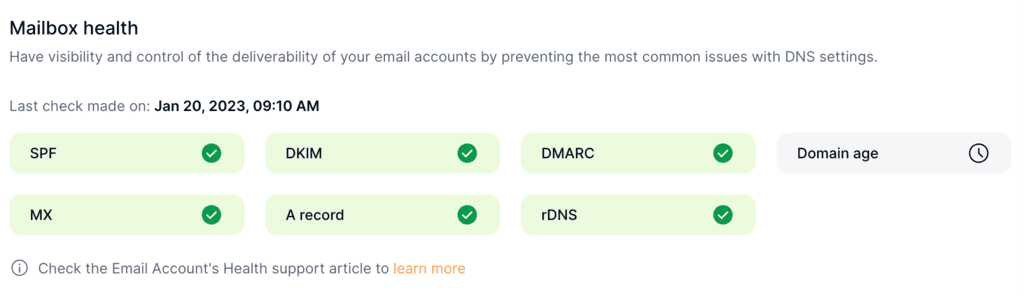 MailToaster mailbox health check showing SPF, DKIM, DMARC, MX, A record and rDNS all passing