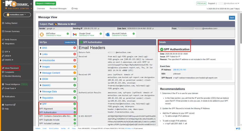 MXToolbox Delivery Center message view showing SPF authentication details and inbox placement across MXToolbox, Gmail, and Outlook