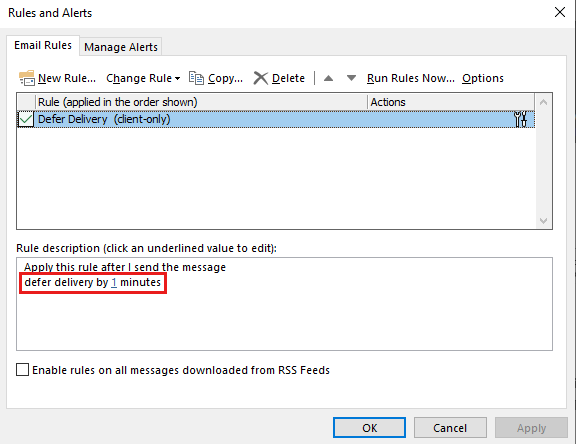 Outlook Rules and Alerts window showing a Defer Delivery rule set to delay messages by 1 minute