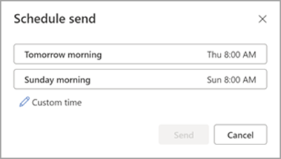 Outlook Schedule send panel with suggested times for tomorrow and Sunday morning, plus a Custom time option