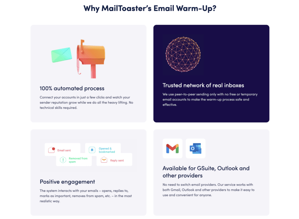 Four MailToaster warm-up benefits: automated process, trusted network of real inboxes, positive engagement, and support for Gmail and Outlook