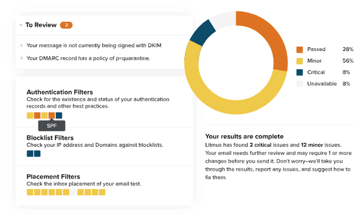 Litmus test results showing authentication, blocklist and placement filters with 2 critical issues found
